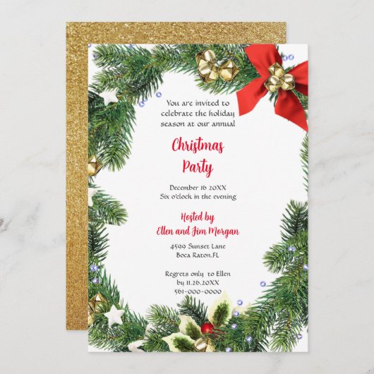 ホリデーグリーンでの楽しいクリスマスパーティー 招待状 (正面/裏面)