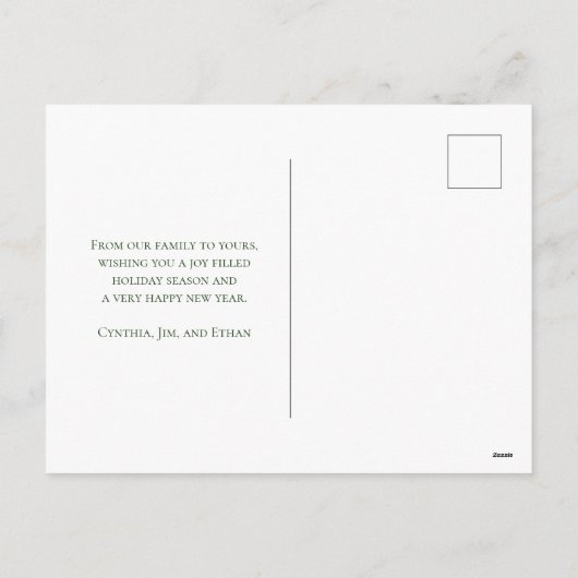 ホリデーグリーンとベルリの写真クリスマス ポストカード (裏面)