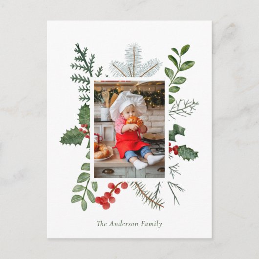ホリデーグリーンとベルリの写真クリスマス ポストカード (正面)