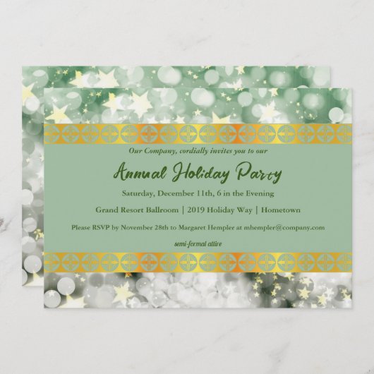 ホリデーグリーンと金ゴールドパーティの招待状 招待状 (正面/裏面)