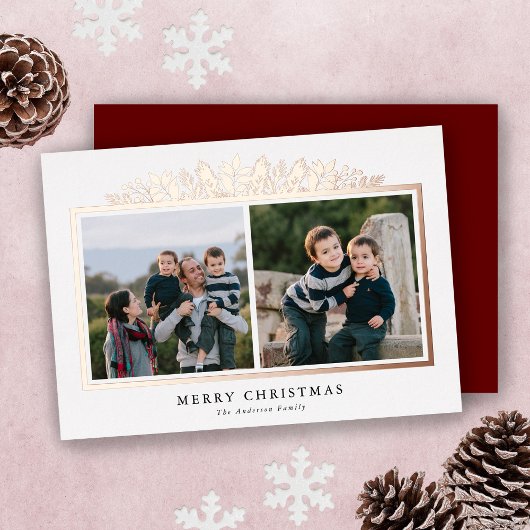 ホリデーグリーンバラゴールドフォイル2フォトクリスマス 箔シーズンカード