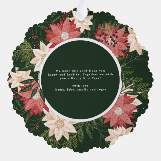 ホリデーグリーンボタニカルポインセチア写真クリスマス オーナメントカード (裏面)