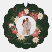 ホリデーグリーンボタニカルポインセチア写真クリスマス オーナメントカード (正面)