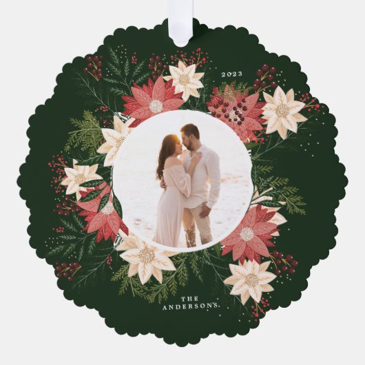 ホリデーグリーンボタニカルポインセチア写真クリスマス オーナメントカード (正面)