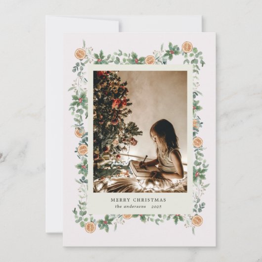 ホリデーグリーンリーオレンジ写真ホリデーカード シーズンカード (正面)