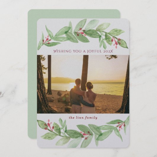 ホリデーグリーンリーベリー喜ばしい家族の写真 シーズンカード (正面/裏面)