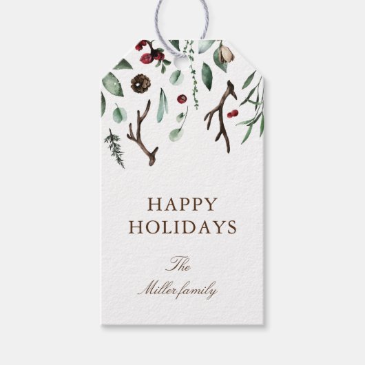 ホリデーグリーンリーメリークリスマスモノグラムエレガント ギフトタグ (正面)