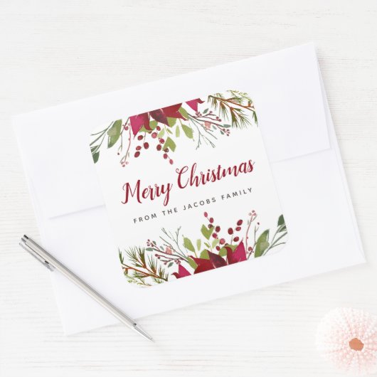 ホリデーグリーン クリスマスギフトラベル スクエアシール (封筒)