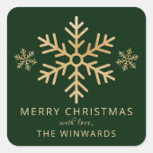 ホリデーグリーン&ゴールドフォイルクリスマススノーフレーク スクエアシール (正面)