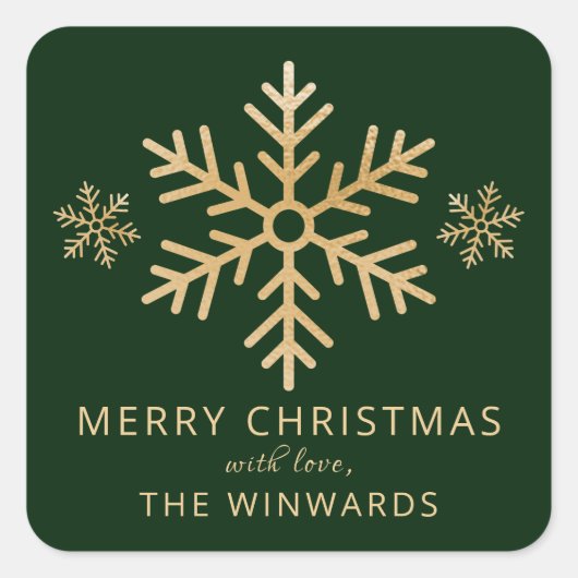 ホリデーグリーン&ゴールドフォイルクリスマススノーフレーク スクエアシール (正面)