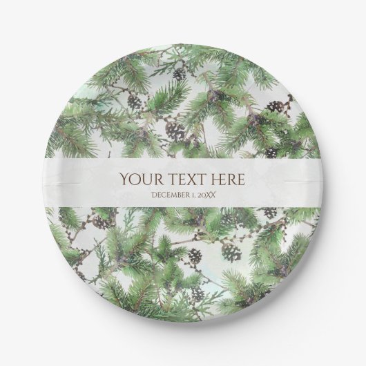 ホリデーグリーン&パインコーンカントリーウィンターウェディング ペーパープレート (正面)