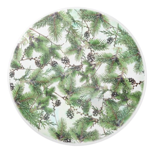 ホリデーグリーン&パインコーンカントリーウィンター素朴 セラミックノブ (正面)