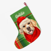 ホリデーゴールデンレトリバーと犬の名前のプレイド ラージクリスマスストッキング (裏面 (吊り時))