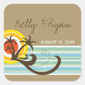 ホリデーサンセットトロピカルパームツリーズビーチ結婚式 スクエアシール (正面)