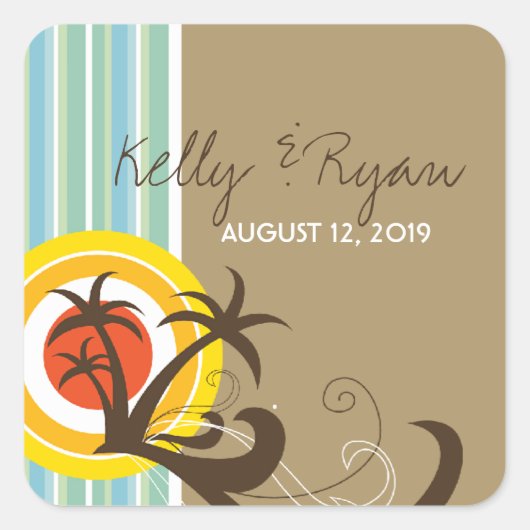 ホリデーサンセットトロピカルパームツリーズビーチ結婚式 スクエアシール (正面)