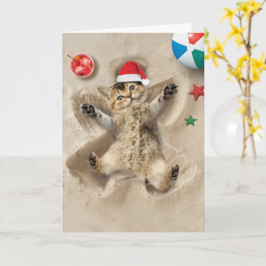 ホリデーサンドエンジェルズキャット – かわいいキャットメリークリスマス カード (黄色い花)