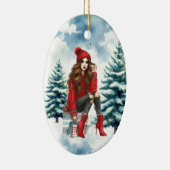ホリデーシックブルネットレッドパーソナライズされたファッション セラミックオーナメント (右)