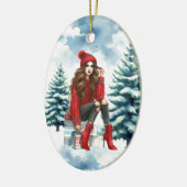 ホリデーシックブルネットレッドパーソナライズされたファッション セラミックオーナメント (左)