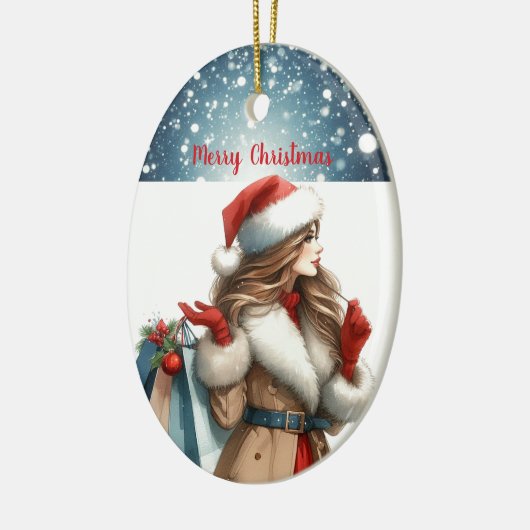 ホリデーシックブルネットレッドパーソナライズされたファッション セラミックオーナメント (左)