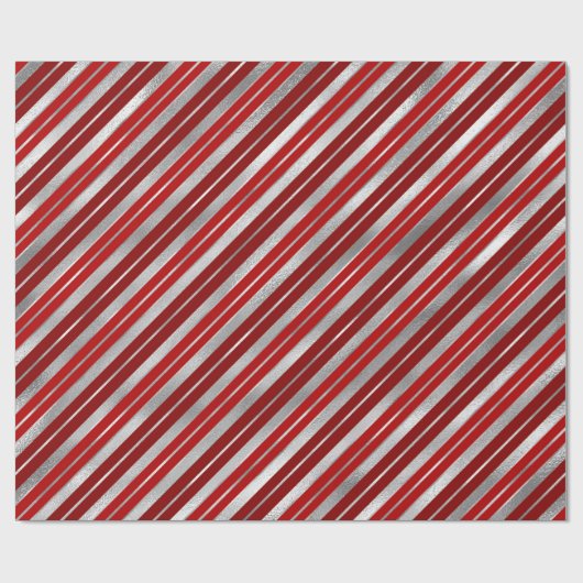 ホリデーシルバーフォイルと赤いクリスマスストライプのクリスマス ラッピングペーパー (フラット)