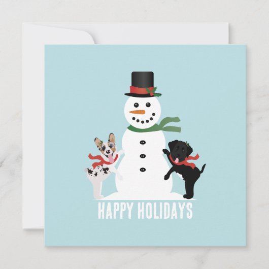 ホリデーシーズンにぴったりな雪だるまを作る犬たち カード (正面)