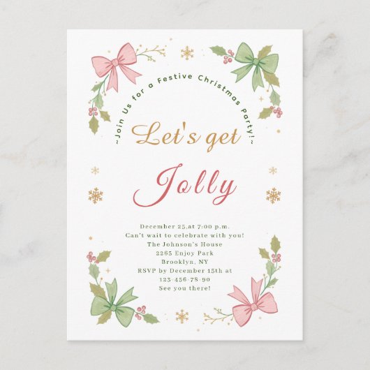 ホリデーシーズンにぴったりな、気まぐれで愛らしいクリスマスボウのホリデーカード シーズンポストカード (正面)