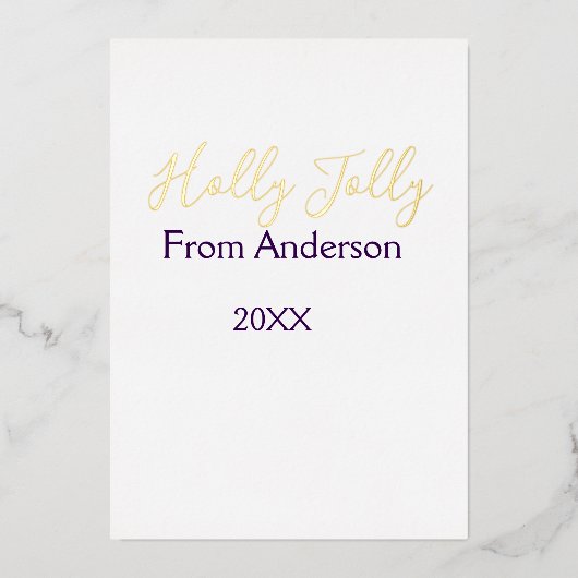 ホリデーシーズンに名前を家族と一緒に紫色の年を追加 箔シーズンカード (正面)