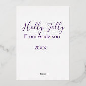 ホリデーシーズンに名前を家族と一緒に紫色の年を追加 箔シーズンカード (裏面)