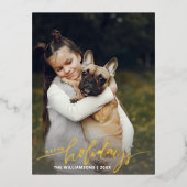 ホリデーシーズンに最適な縦向きのクリスマス写真カード ゴールド 箔シーズンポストカード (正面)