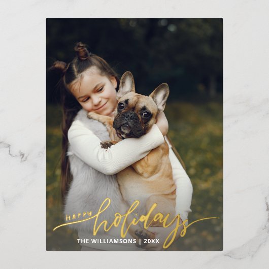 ホリデーシーズンに最適な縦向きのクリスマス写真カード ゴールド 箔シーズンポストカード (正面)