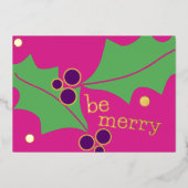 ホリデーシーズンに華やかなピンクとパープル、グリーンのホーリー 箔シーズンカード (正面)