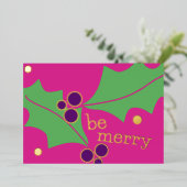 ホリデーシーズンに華やかなピンクとパープル、グリーンのホーリー 箔シーズンカード (立ち正面)