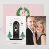 ホリデーシーズンのクラシックな玄関先を飾ったクリスマス フォト カード (正面/裏面)