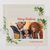 ホリデーシーズンのグリーティングカード - ホリー フレーム フォト カード (正面/裏面)