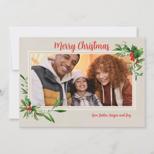 ホリデーシーズンのグリーティングカード - ホリー フレーム フォト シーズンカード (正面)
