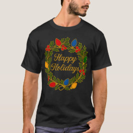 ホリデーシーズンのリース クリスマスライトとヒイラギ Tシャツ