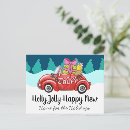 ホリデーシーズンの新しい家 かわいい車 ポストカード (スタンド正面)