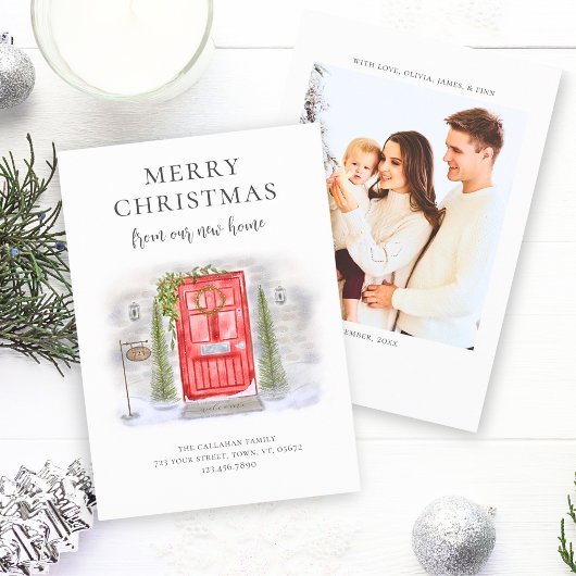 ホリデーシーズンの新しい家 赤い水彩のドア シーズンカード