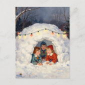 ホリデーシーズンの詩 ヴィンテージの雪の砦で遊ぶ子供たち シーズンポストカード (正面)
