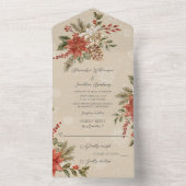 ホリデーシーズンの赤いポインセチアとホリーの雪の降るベージュの背景 オールインワン招待状 (内側)