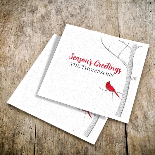ホリデーシーズンズグリーティングレッド(鳥)ショウジョウコウカンチョウ樺の木ツリー スタンダードカクテルナプキン