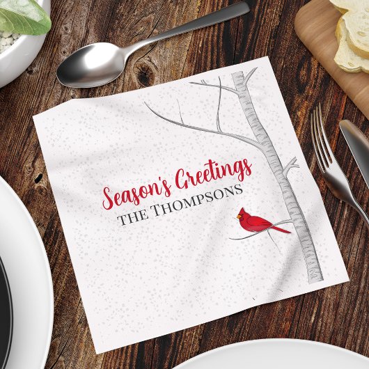 ホリデーシーズンズグリーティングレッド（鳥）ショウジョウコウカンチョウ樺の木ツリー スタンダードカクテルナプキン