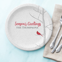 ホリデーシーズンズグリーティングレッド（鳥）ショウジョウコウカンチョウ樺の木ツリー ペーパープレート