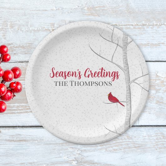 ホリデーシーズンズグリーティングレッド（鳥）ショウジョウコウカンチョウ樺の木ツリー ペーパープレート
