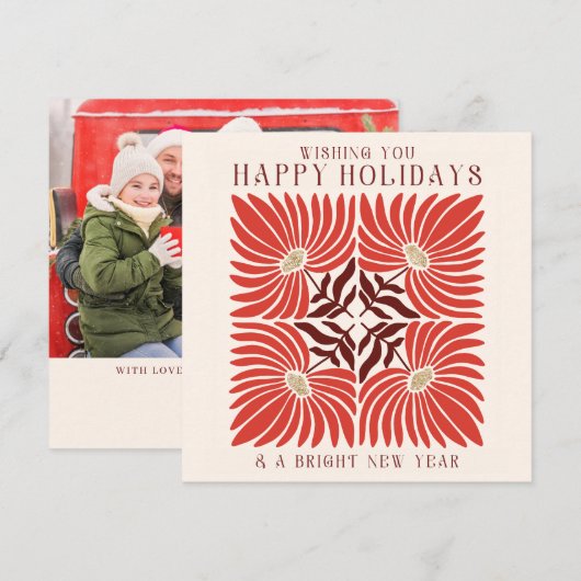ホリデーシーズン フォト モダン ボールド レッド フローラル シーズンカード (正面/裏面)