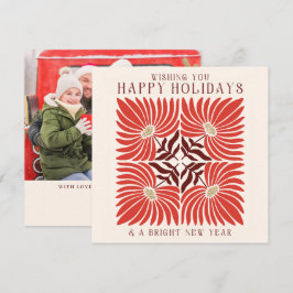 ホリデーシーズン フォト モダン ボールド レッド フローラル シーズンカード