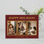 ホリデーシーズン ミニマル クラシック 赤 3 フォト 箔シーズンカード (立ち正面)