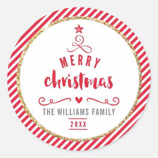 ホリデーシールメリークリスマスツリー赤ストライプ色 ラウンドシール (正面)