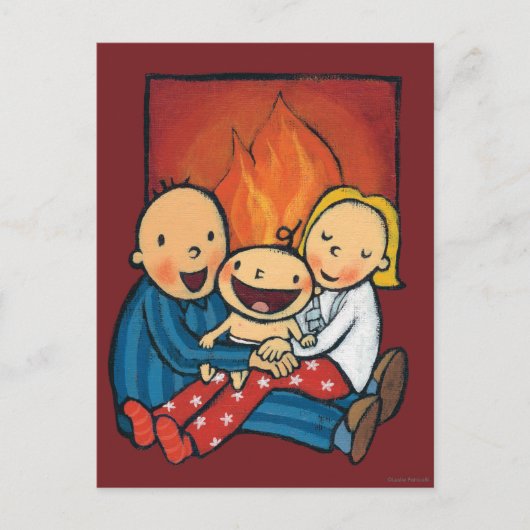 ホリデーシーン:暖炉の前の家族 シーズンポストカード (正面)