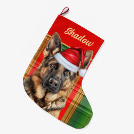 ホリデージャーマンシェパードチェック柄 犬の名前入り ラージクリスマスストッキング